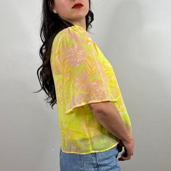 Modcloth Fluttering Outta Sight Blouse in Neon Yellow Floral - Picture 2 of 9